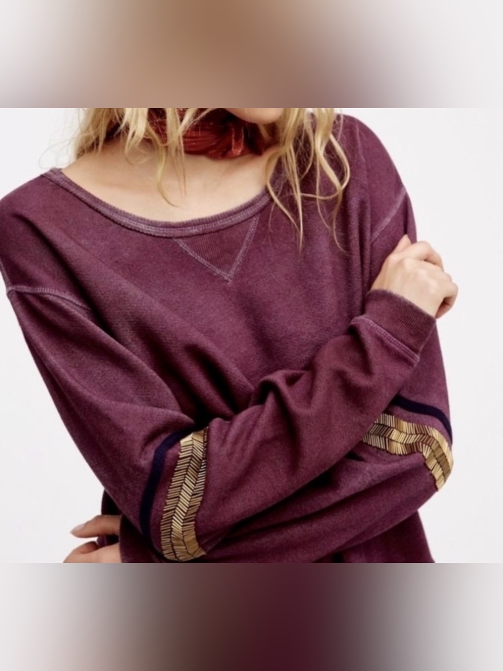 Free People Washed Purple Gold Beaded Crewneck Sweater - Size L